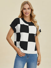 Double Take Full Size Checkered Round Neck Short Sleeve Sweater OutfitFlow